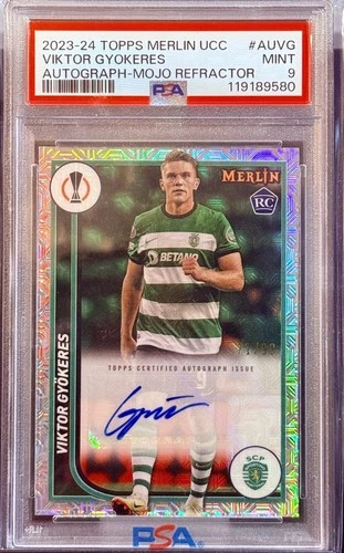 2023-24 Topps Merlin UCC Viktor Gyokeres Mojo Refractor Auto /99 PSA 9 RC