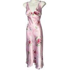 Vintage California Dynasty Women M Long Satin Nightgown Pink Floral Empire 90s