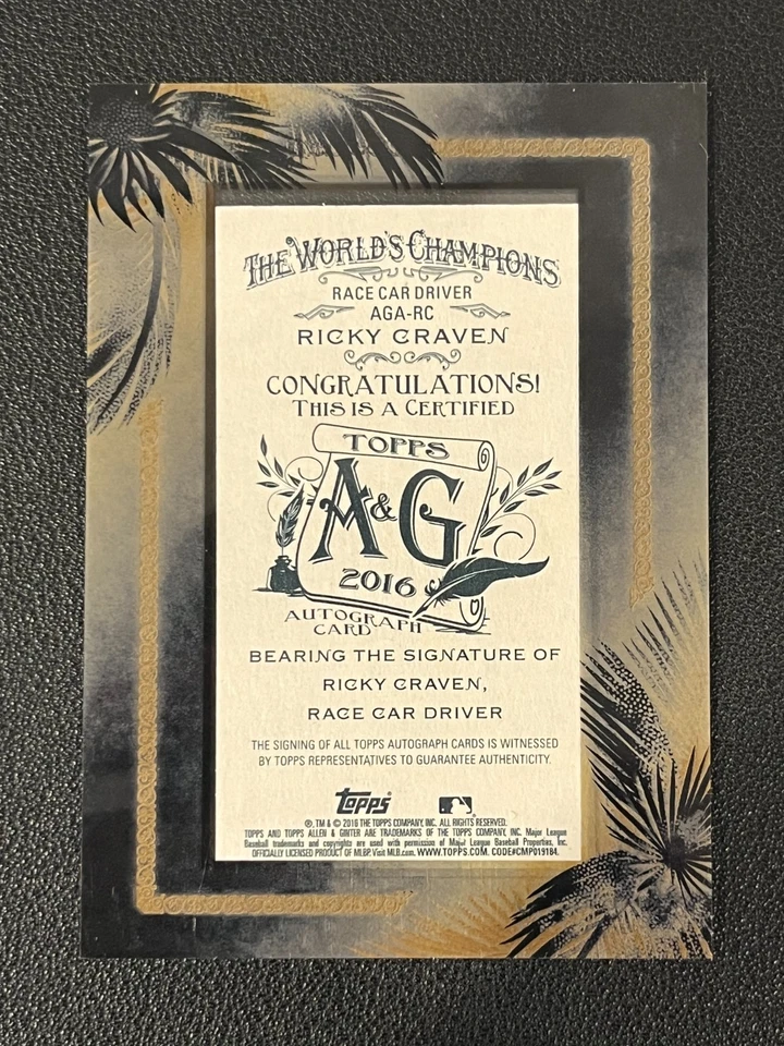 Ricky Craven 2016 Topps Allen & Ginter Mini Frame Auto /25 AGA-RC - Image 2 of 2