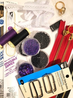 Sewing Notions misc. Assortment - Zippers, thread, beads, buckles, binding. 