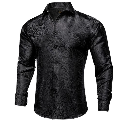 Mens Shirt Long Sleeve Black Paisley Luxury Button Regular Fit Shirts Formal