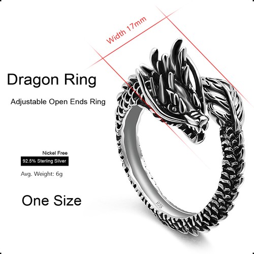 Echt 925 Sterling Silber Lebensechter Drachen Ring Verstellbares Design für Herren Jungen - Bild 3 von 7