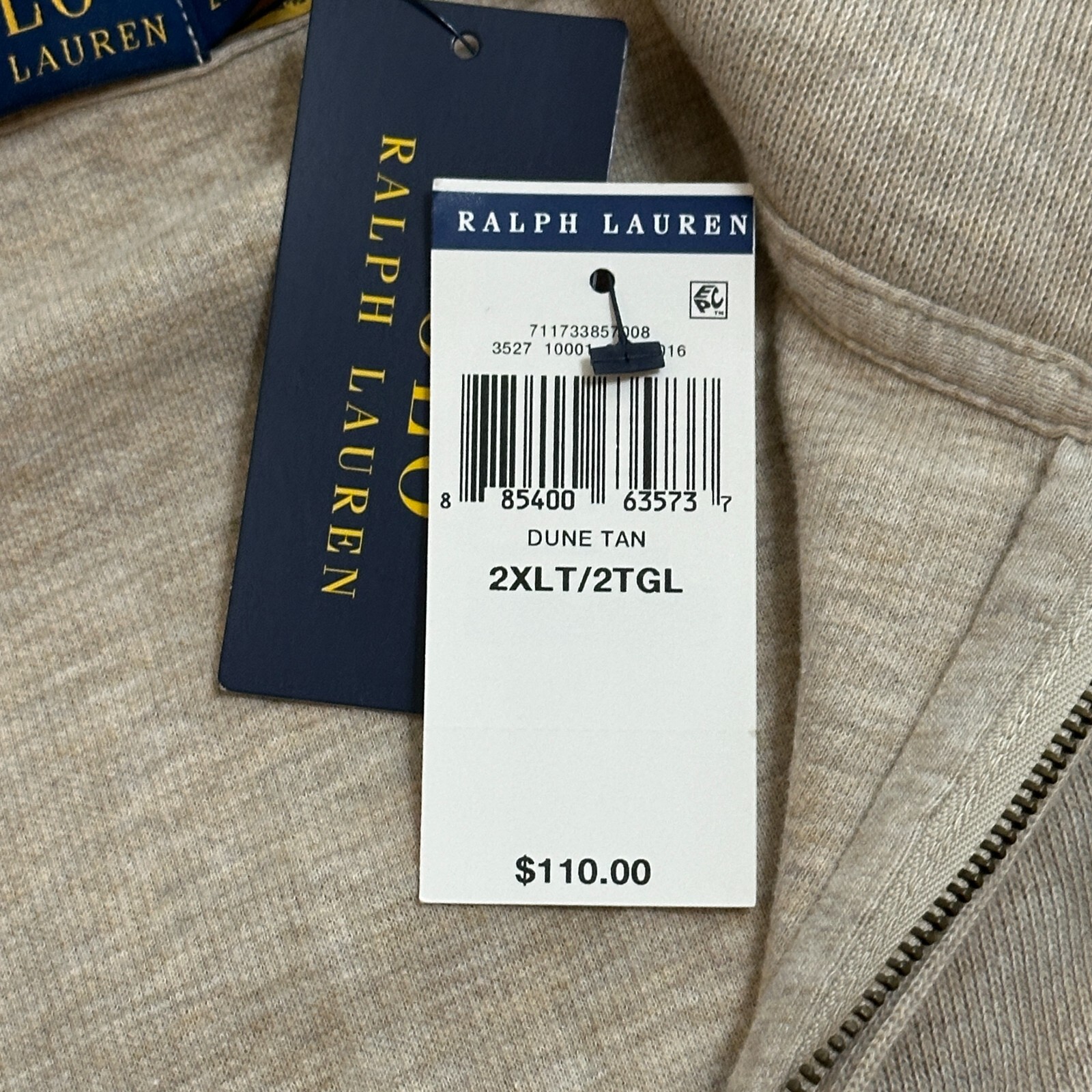 Polo Ralph Lauren Felpa Uomo 2XLT Alta Tan 1 4 Zip Pullover Pony Nuova con etichette