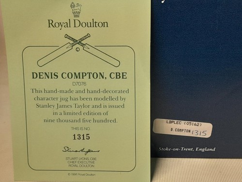 1997 SMALL Boxed Royal Doulton DENIS COMPT Ltd Ed +COA Character Jug D7076 - Picture 7 of 9
