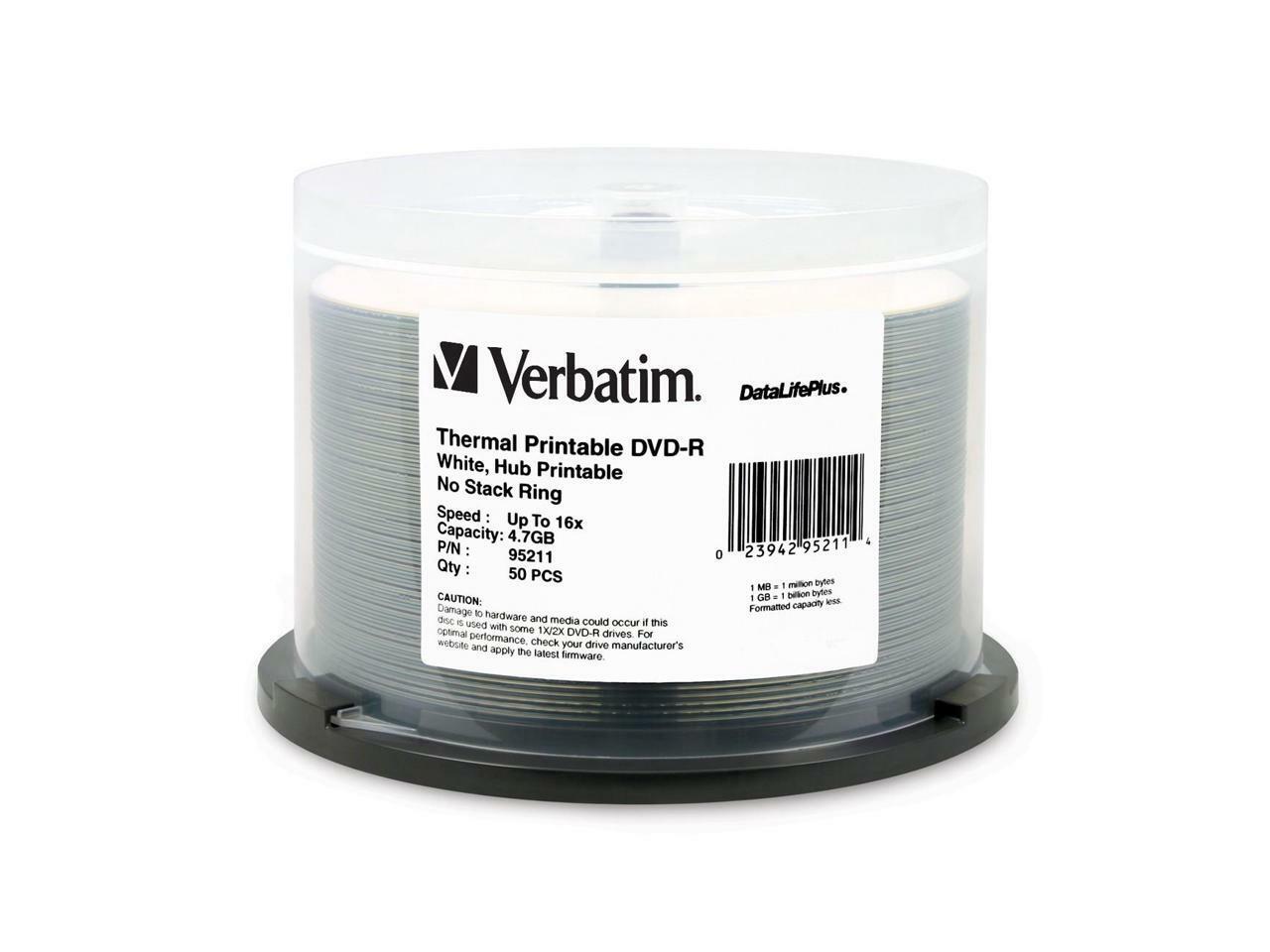 Verbatim 4,7 ГБ 16-кратный DVD-R, белый, для термопечати, 50 упаковок, Модель диска 95211