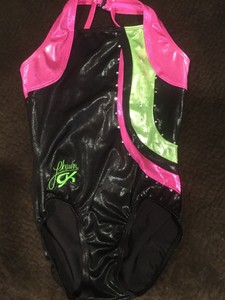GK-Elite-AS-Adult-Small-Gymnastics-Leotard-Black-Green-Pink-Rhinestones