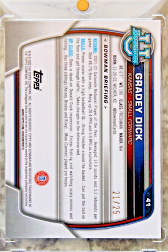 2022-23 Bowman Chrome GRADEY DICK Orange Refractor 21/25 Kansas Toronto - Picture 3 of 6