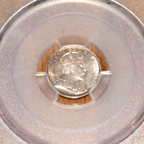 1910 Canada Edward VII. Silver 5 Cents Coin Pointed Leaves KM-22 PCGS MS62 UNC - Picture 2 of 4