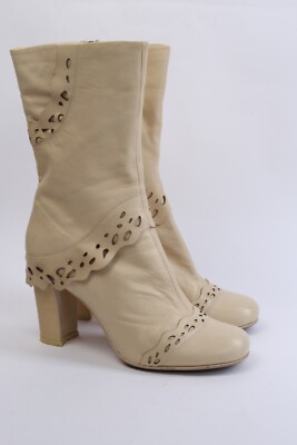 Vintage Paolo Conte Leather Boots Beige Cut Out Ruffle Mid High Boho Shoes Sz 40