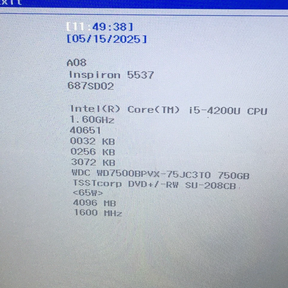 Dell Inspiron 5537 15.6'' Laptop i5-4200U 4GB RAM 750GB HDD Boots/Bios H3126 - Image 2 of 4