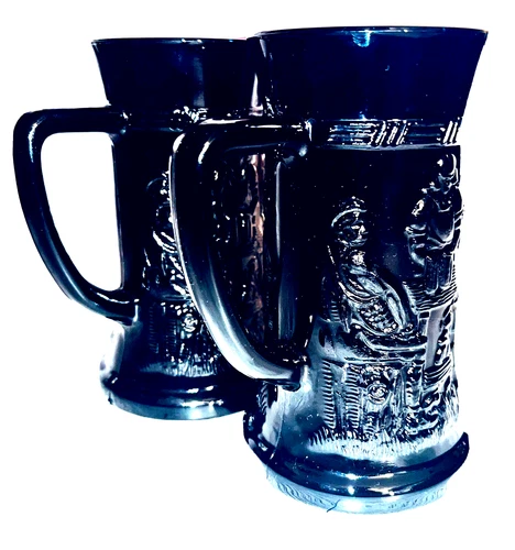 Vintage Tiara Black Indiana (2) Glass Mug Steins Beer Tankard 10 oz Tavern Scene