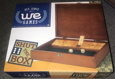 WE Games Shut The Box Game With 12 Numbers In An Old World Styled Wood Box With A Lid And A Brass Latch