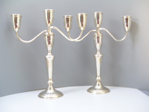Pair Mid-Century Empire Sterling Silver 3-light Candelabra Candle Sticks 36 OZ - Picture 9 of 12