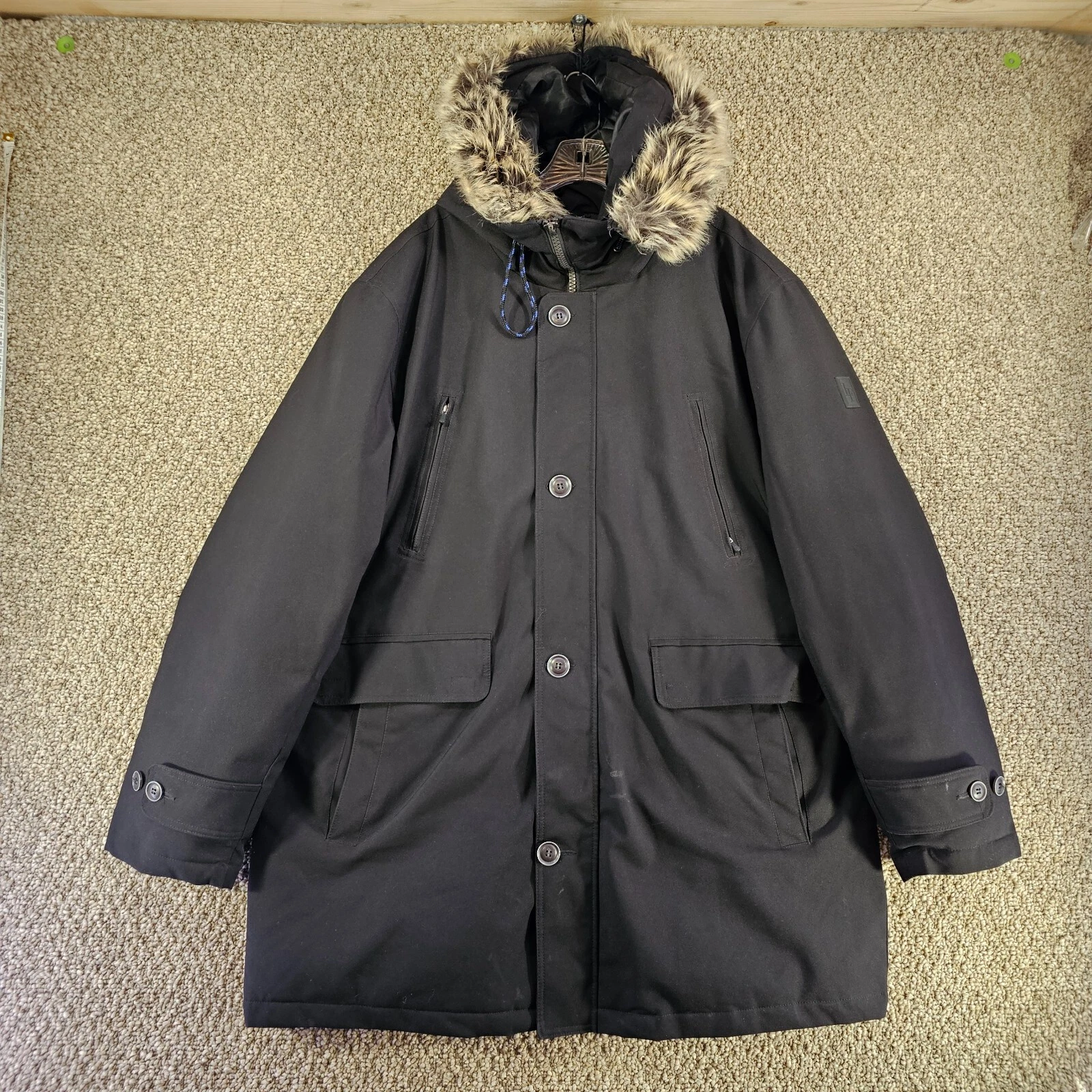 London Fog Jacket XXL Mens Parka Full Zip Hooded Faux Fur Many Pockets