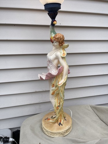 Beautiful and Rare 1994 Chalkware Ballerina/Peacock Lamp Signed By Artist 34” - Picture 4 of 12