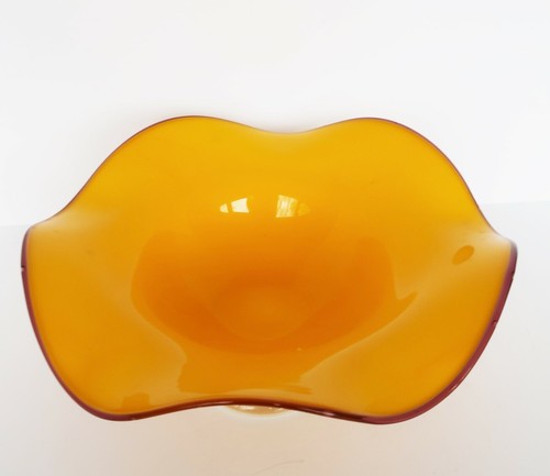 Vintage yellow art glass footed pedestal fruit bowl - Picture 2 of 9