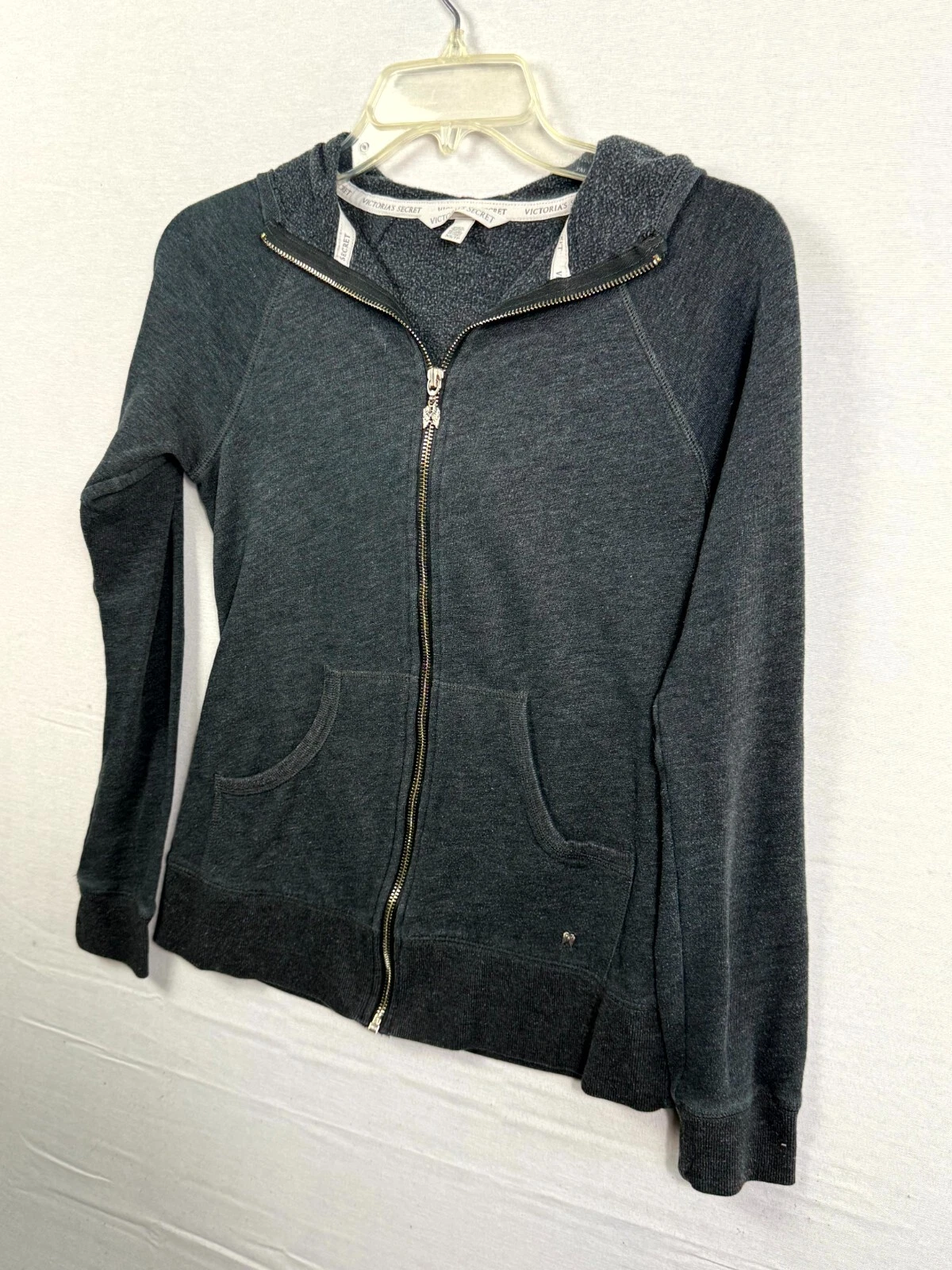 UNDERCOVER Victoria's Secret felpa con cappuccio donna XS grigio cuore paillettes manica lunga tasca zip intera