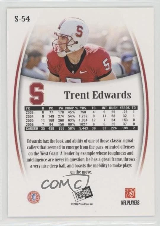 2007 Press Pass Legends Silver /499 Trent Edwards #S-54 Rookie RC - Image 2 of 2