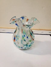 Murano Style Vase Hand Blown Confetti Art Glass Ruffled Rim 6” High Vintage