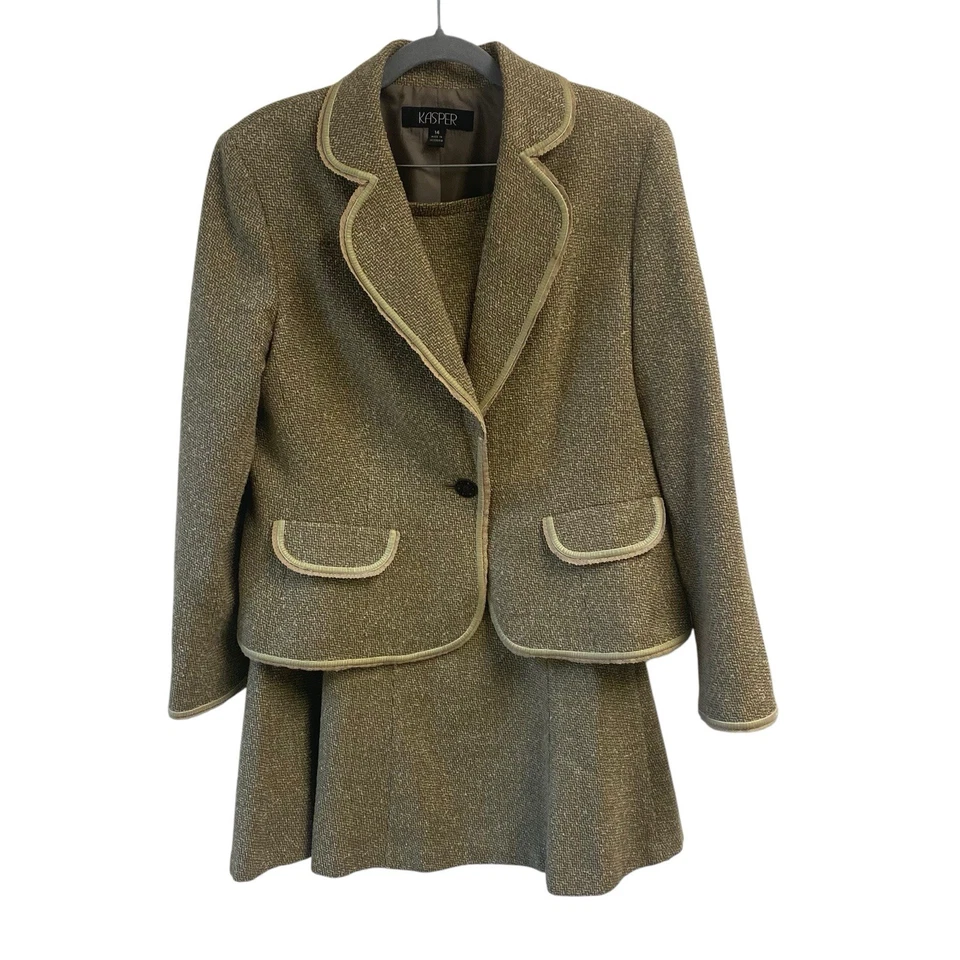 Conjunto de blazer y falda para mujer Kasper pliegues de tweed detalle de ribete carrera empresarial 14 Foto 3 de 4
