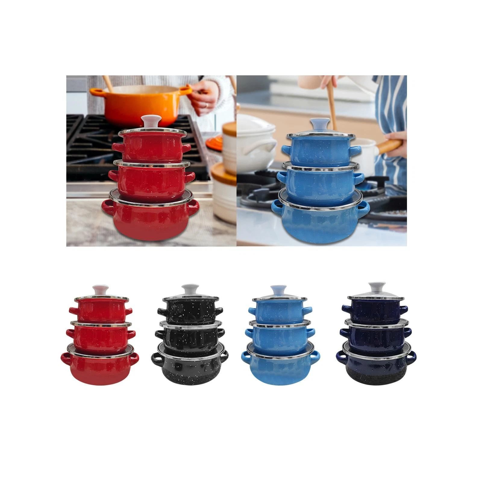 3 Pieces Enamel Pot Set Enamel Cookware Set Double Handle Gifts Reusable Kitchen