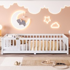 Twin Size Bed Floor Bed with Safety Guardrails and Door for Kids, White