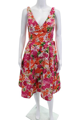 Monique Lhuillier Women Fit & Flare Sundress Orange Floral V-Neck Size 6