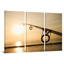 3 Piece Canvas Print Fishing Wall Art Fishing Pole against Ocean at Sunset Pi...