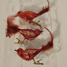 Holiday Time Red Glass Bird Clip On Christmas Ornaments Set Of 3 Feathers Decor