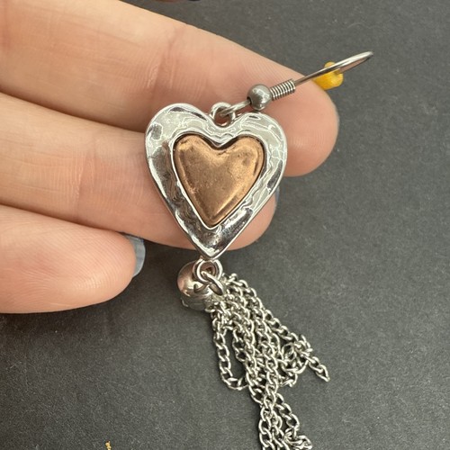 Hammered Double Heart 2 Tone Dangle Earrings Silver & Copper Chain - Picture 4 of 8