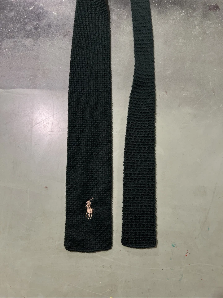 De Colección Ralph Lauren Polo Tejido Corbata 100% Lana Shetland Verde Oscuro Extremo Cuadrado Logo Foto 3 de 3