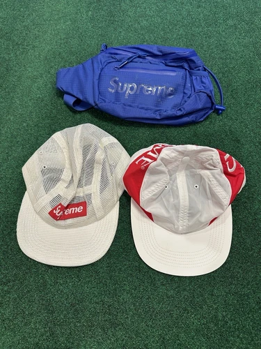 Supreme Items Lot de 3 Casquette de camp en maille Casquette en nylon grand logo Sac banane en nylon