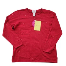 Quacker Factory Red Keyhole Sweater Women Size L Rhinestone Christmas Holiday