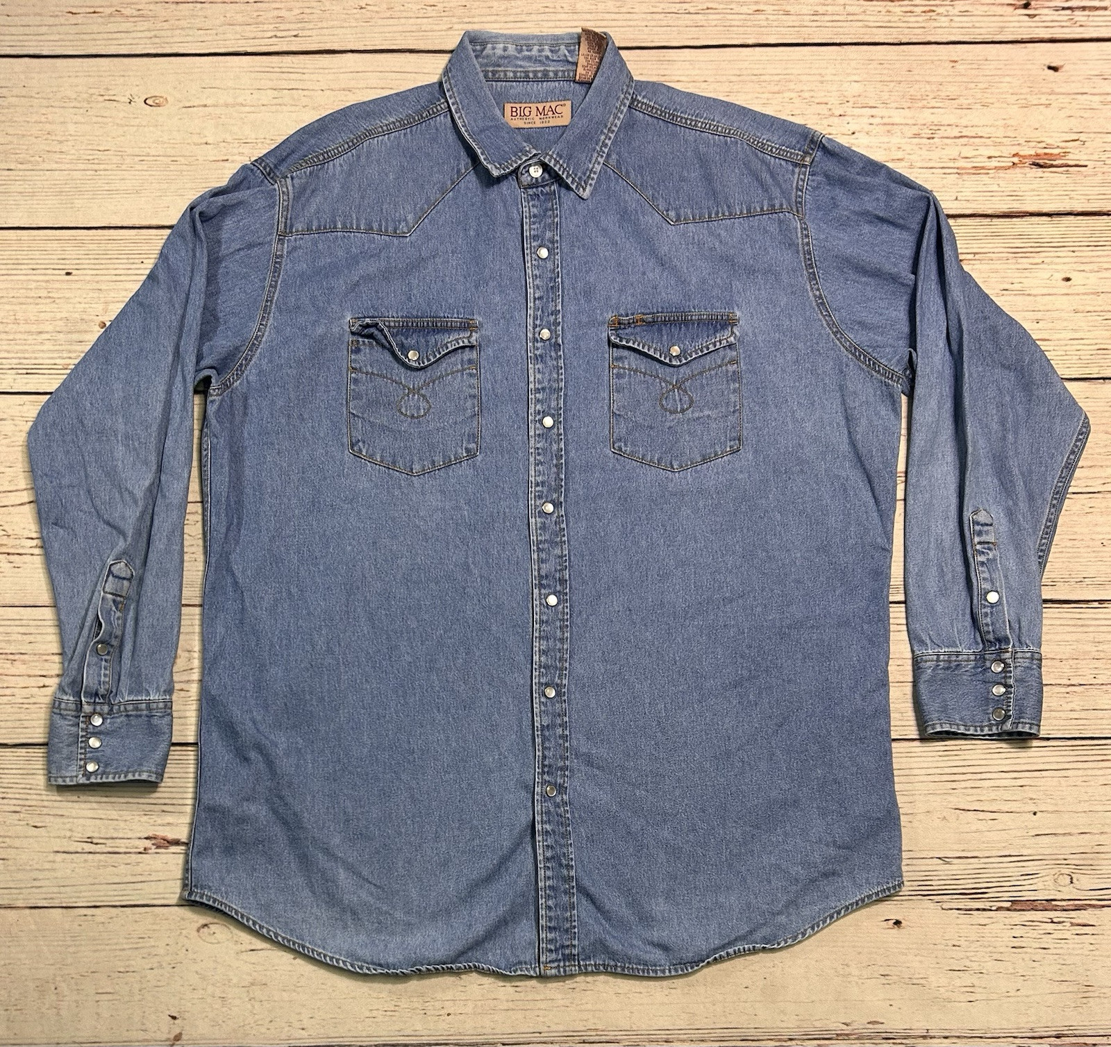 Vtg Big Mac Western Work Shirt 2XLT Pearl Snap Denim Blue Missing 2 Buttons