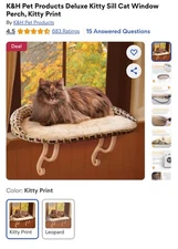 NIB:K&H Kitty Sill Deluxe With Bolster 24"x14" Orthopedic Cat Window KITTY PRINT
