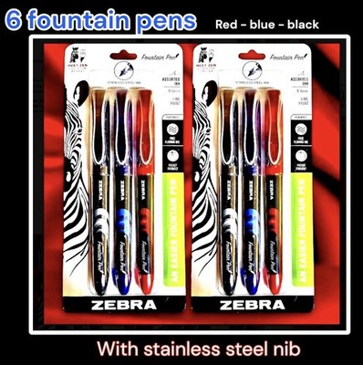 6ct Zebra Pen Fountain Pens Blue,Red,Black 0.6mm Fine Point Stainless Steel Nib