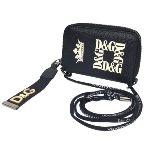 NWT! DOLCE & GABBANA Unisex DG Crown Black Zip Leather Wallet Crossbody Strap - Picture 1 of 1