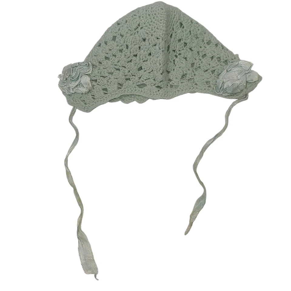 Handknit Baby Hat Blue Satin Ribbon Bows Tie Newborn Small Scalloped Antique - Image 4 of 4