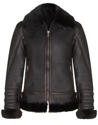 Herren Schwarz Biker Lammfell Jacke Retro RAF B3 Echt Lammfell Leder Gesteppt