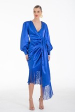 NEW Virgo’s Lounge Gabrielle Dress Navy Blue Wrap Ruffle Fringe Satin Size US 8