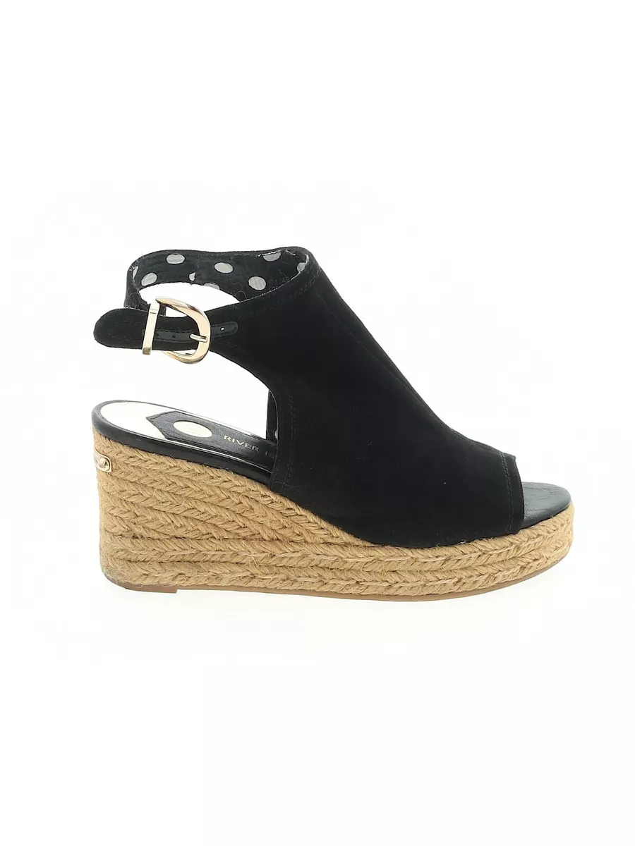 Women River Island Black Faux Suede Espadrille Wedge Shoes Size 5