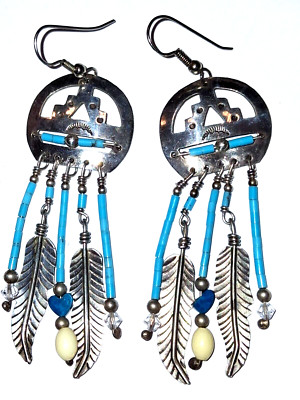 Vintage Native American Navajo Turquoise Concho Feather Sterling Dangle Earrings