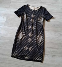 M&S Black Patterned Mesh Lined Pencil Dress Wiggle Party Christmas Evening UK14