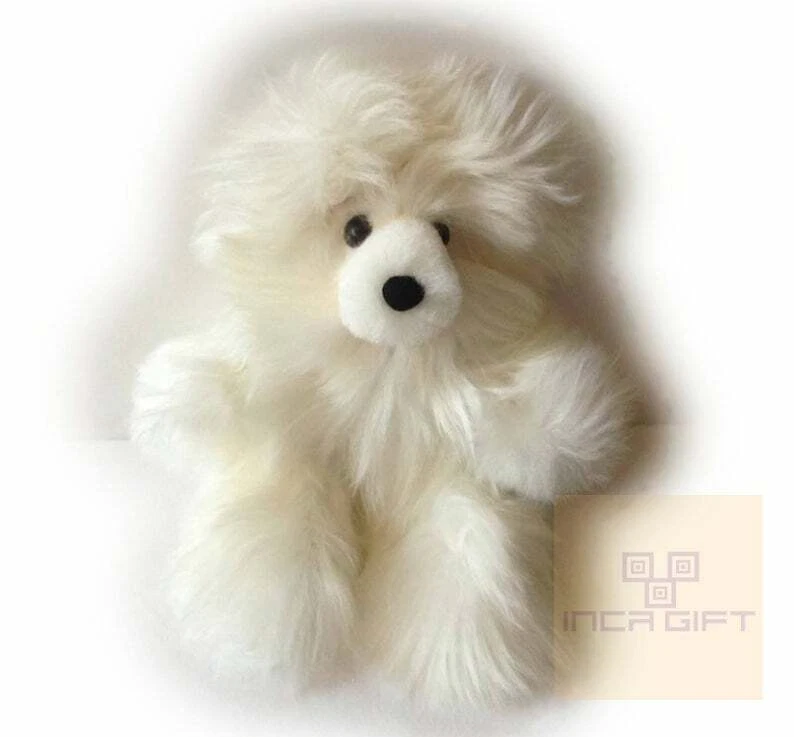 10 IN PREMIUM Baby Alpaca Suri Fur Teddy Bear WHITE - Stuffed Toy Peru Plush