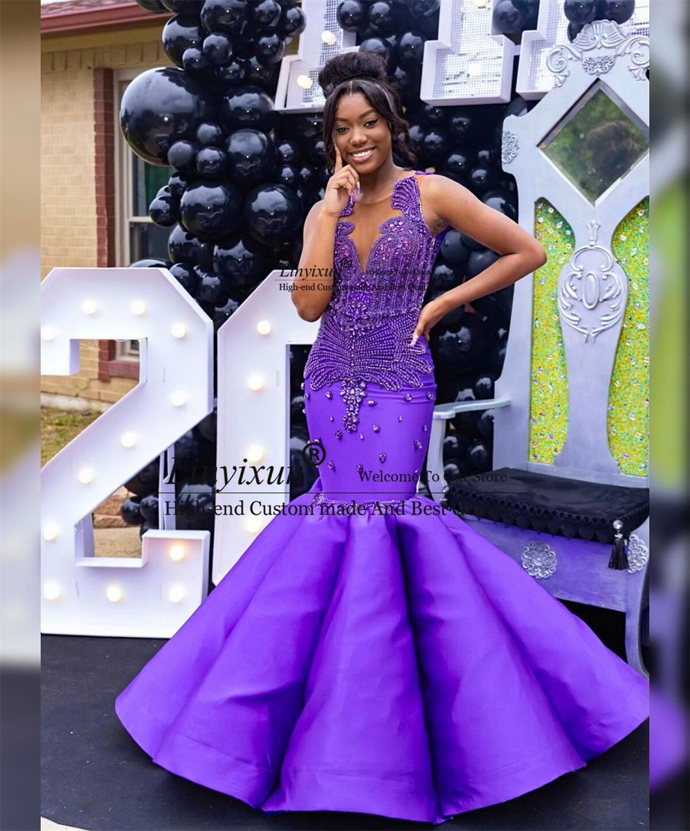 Metallic Jewelry Ornament Prom Dress Sparkly Bead Gem Black Girl Evening  Gowns