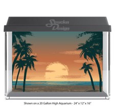 Drawn Sunset Beach Trees Polyester Fish Tank Glass Backdrop Aquarium Background