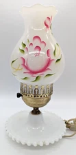 Boudoir Lamp Milk Glass Electric Hand Painted Floral Works 1970s Vintage Bedroom