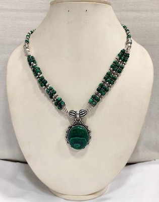Handmade Malachite Gemstone Beaded Necklace, Metal Jewelry For Party Wear