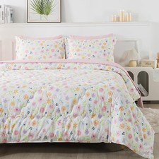Floral Comforter Set Bed in A Bag Twin Size 7 Piece Pink Botanical Flower and...