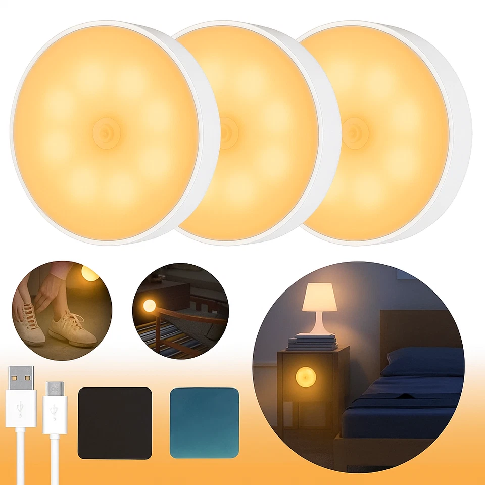 3 Night Light with Motion Sensor USB Rechargeable LED Night Lamp Stair Light 3 Modes New - Image 4 of 4